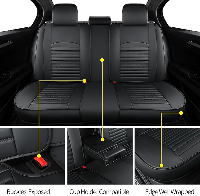 Vankerful Leather Seat Covers for Cars,Car Seat Covers Full Set,Automotive Seat Covers for Trucks,SUV,Leatherette,Universal Fit,Airbag Compatible Vehicles Seats Cushions(Full Set,Black)