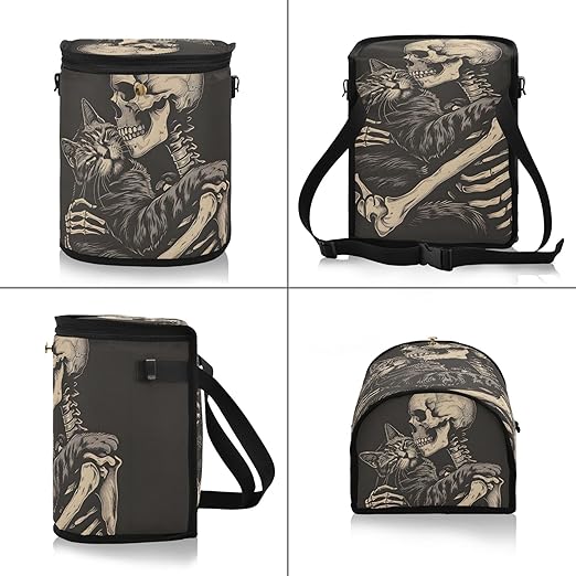 MNSRUU Car Trash Can with Lid, Cat Snuggled Human Skeletal Skull Car Trash Bag Hanging Organizers and Storage for Front Back Seat, Leak-Proof Trash Bin