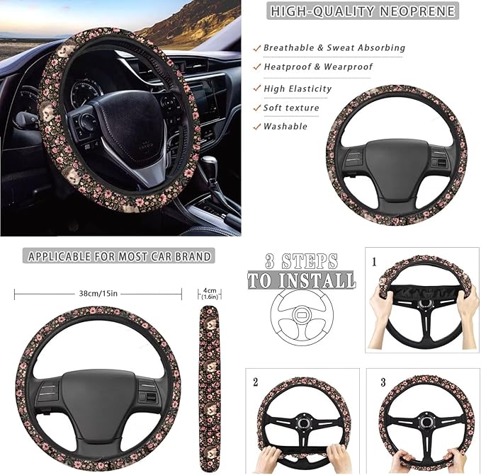 Hedgehog Flower Print Car Interior Accessories Sets, Flower Print Front Seat Covers and Rear Split Bench Seat Cover, Steering Wheel Protector, Universal Fits for Most Cars SUV Truck Sedan