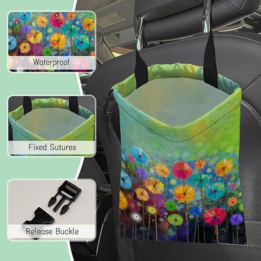 NHNXHWIA Watercolor Floral Car Trash Bag,Hanging Drawstring Car Garbage Bag, Waterproof Canvas Car Back Seat Organizer with Adjustable Buckle, for Vehicles, SUVs, Camping, Road Trips
