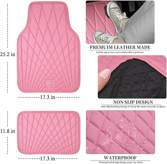 CAR PASS Luxury Faux Leather Floor Mats for Cars, Waterproof All Weather Car Mats Full Set, Anti-Slip Deluxe Automotive Floor Mats Universal Fit for Most SUV,Vans,Sedans,Trucks, 4 Piece Pink