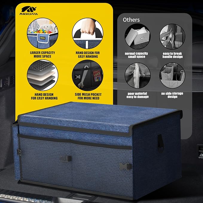 MIKKUPPA Car Trunk Organizer with Cooler - 65L Collapsible Trunk Organizer with Lid, Sturdy Car Storage for SUV Auto Truck Van with Adjustable Straps and Non Slip Bottom (Blue)