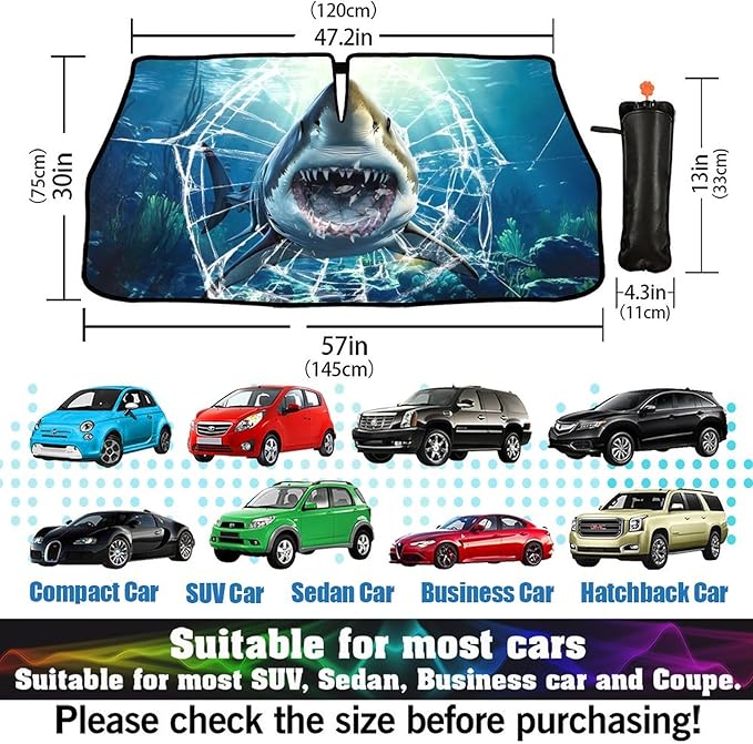 DOPINDU Shark Car Windshield Sun Shade Umbrella Bendable Handle Foldable Funny Sunshade for Car Windshield Block UV Rays Keep Vehicle Cool for Most Sedans SUV Trucks Cars 57"x30"
