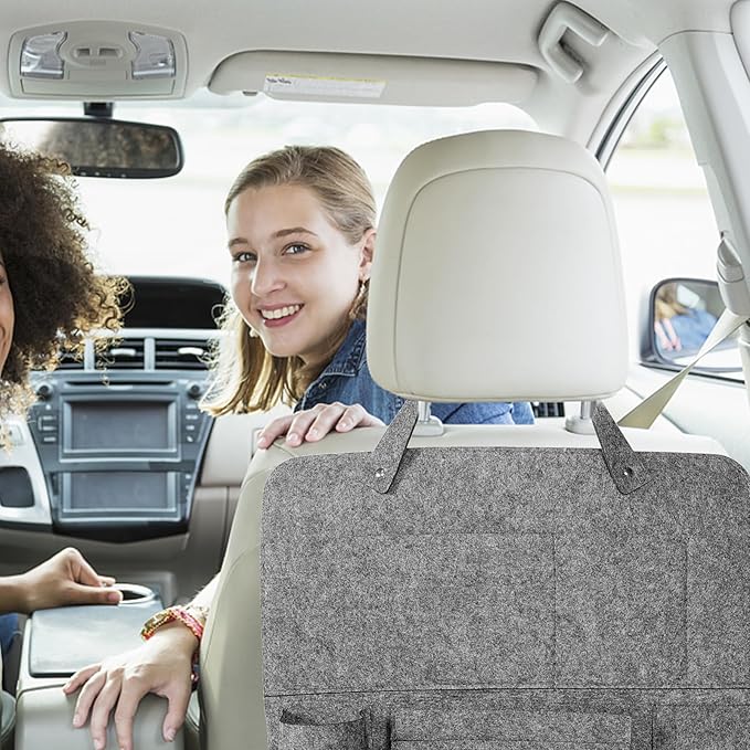 Car Backseat Hanging Storage Bag Felt Seat Organizer with Kick Protection Medium Gray Small Pouch for Vehicle Interior and Travel