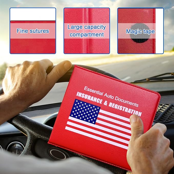 Ziciner Car Registration Insurance Holder, 2Pack Essential Auto Card Document Glove Box Organizer with Velcro Closure, Universal Car Accessories Perfect for Men & Women (Red/Blue Flag)