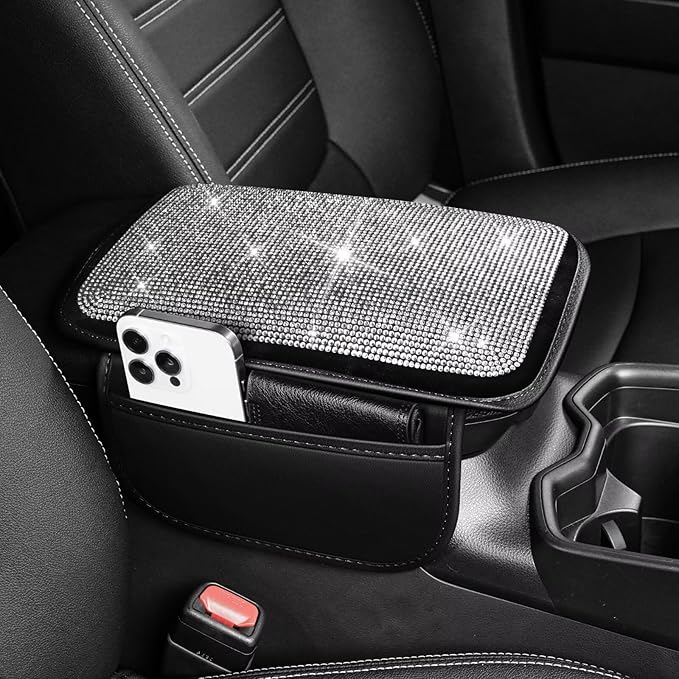 Bling Center Console Cover Fit for Toyota RAV4 with 2 Storage Bags Fully Diamond-Studded Style Center Console Armrest Cover with Total Protection(Silver Diamond)
