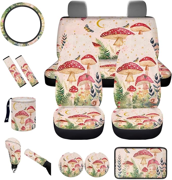 Dngkaoje Mushroom Car Seat Covers Full Set 13 Pcs Butterfly Mushroom Hanging Trash Bag,Seatbelt Pads,Universal Auto Front and Rear Split Bench Seat Covers Set,Auto Seat Accessories
