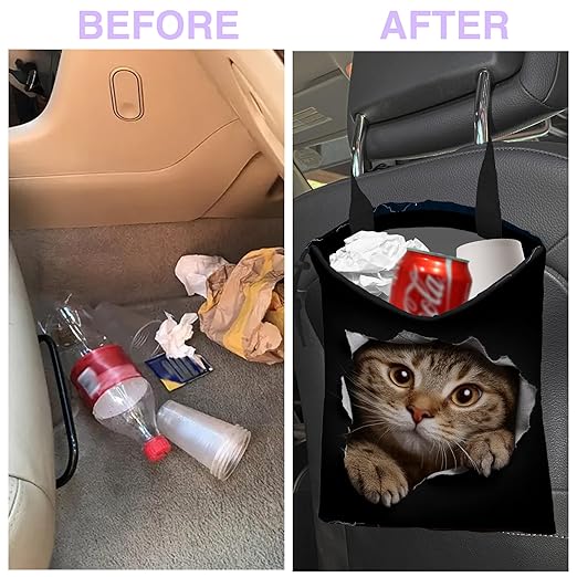UUCBTAH Car Trash Bag Cat in Black Hole Car Trash Bin Leakproof Waterproof Car Trash Can for Back Seat, Foldable Car Garbage Bag with Adjustable Straps and Drawstring for Car Accessories