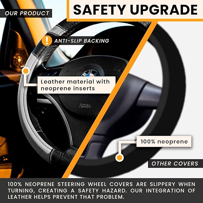 Gorla Gear Gray Leather Neoprene Steering Wheel Cover Women Men, Easy Fast Installation, Grey Universal Fit 14.5 15 15.5 Inch, Anti-Slip Safer Grip Car Accessories for Automobile Truck SUV Van