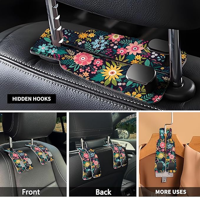 NUGGHU Car Seat Headrest Hook, Universal Leather Cute Hanger Holder Hook, Storage Organizer Interior Accessories for Purse Bags Handbag Purple Cute Flowers