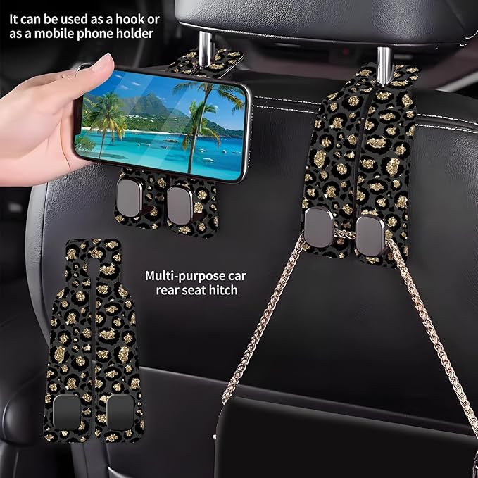 AXBSAKDI Car Seat Back Storage Headrest Hook, Premium Leather Double Metal Hook, Hanger Storage Organizer for Purse Cloth Bag, Car Interior Accessories Glitter Gold Leopard