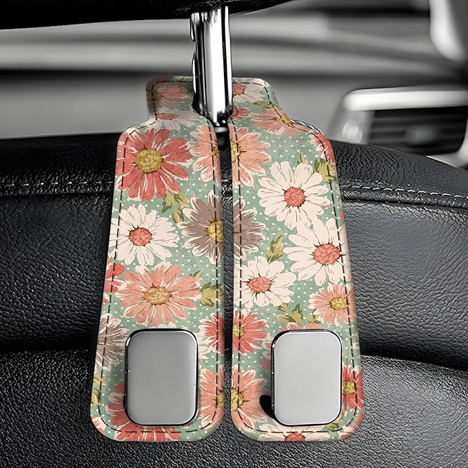 AXBSAKDI Car Seat Back Storage Headrest Hook, Premium Leather Double Metal Hook, Hanger Storage Organizer for Purse Cloth Bag, Car Interior Accessories Cute Retro Flowers