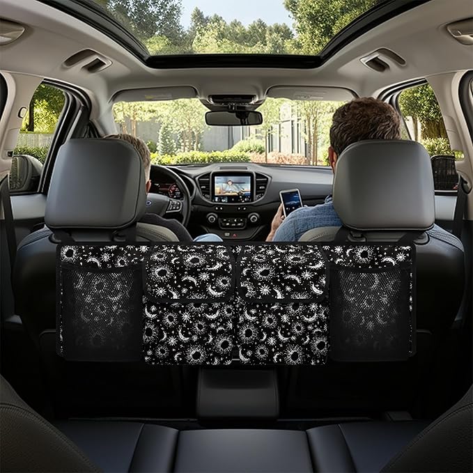 CLOHOMIN Sun and Moon Car Storage Organizer Car Trunk Mesh Storage Bag Black Backseat Hanging Organizer Large Capacity Trunk Organizer for SUV Car Accessories with 4 Pockets