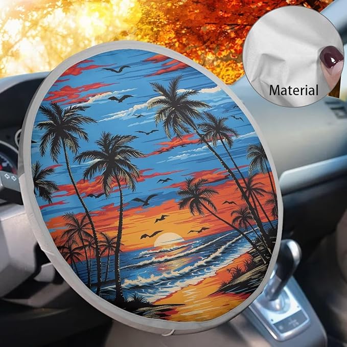 Hawaiian Steering Wheel Reflector Protector Sunset Vehicle Steering Wheel Sun Shade Cover 17 Inch Heat Resistant Car Rudder Sunshade Summer Essential Gift for Holiday