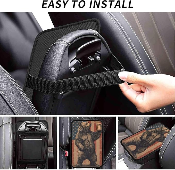 Happy Camper Bear Center Console Cover Pad, American Flag Car Armrest Seat Box Cover Cushion Universal for Most Vehicle SUV Truck, Car Interior Accessories Decor, Protect from Pet Claws & Dirt