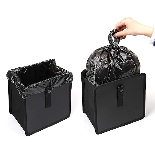 KMMOTORS Foldable Hanging Car Trash Can, Trash Bag, Trash bin, Vegan Leather and Oxford Clothes Car Organizer, Cute car Gadgets (Large, Black)