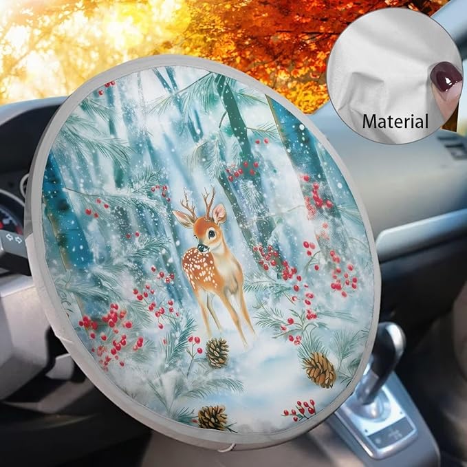 Christmas Sika Deer Cone Forest Pattern 17x17 inch Steering Wheel Sun Shade Cover Steering Wheel Sun Heat Shield Universal Block UV Rays Car Rudder Visor for Car SUV Truck Van