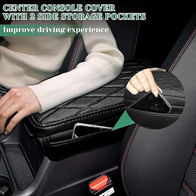 Center Console Armrest Cover Compatible with Honda CRV 2023-2025 Leather Middle Console Arm Rest Box Protector Cushion Padding with Side Pockets Anti-Scratch Black