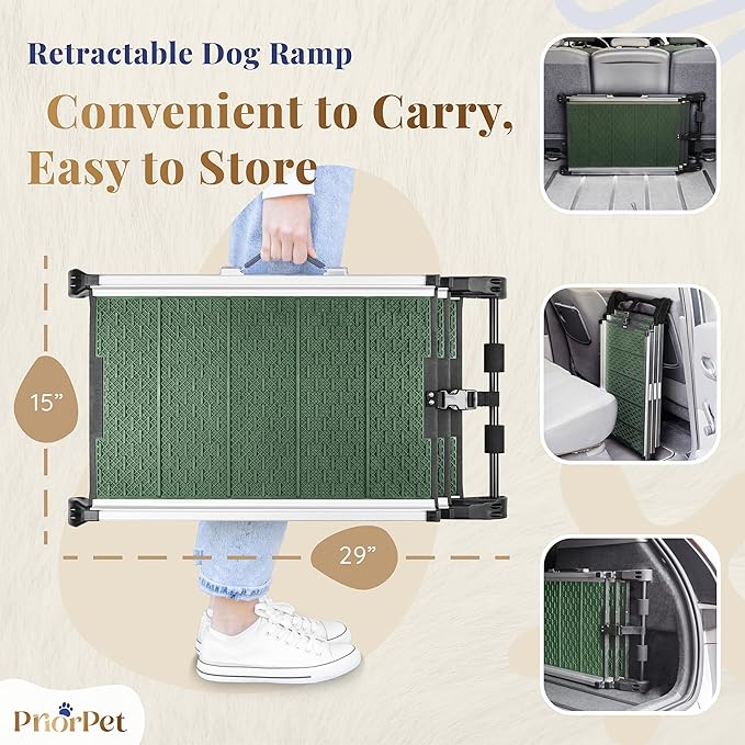Dog Ramp for Car - Stable Anti-Slip Dog Car Ramp for Large Dogs - 63" Long & 15" Wide - 250LBS Capacity - Telescoping Pet Ramp - Lightweight - Reflective Sides - Fixing Clip - Forest Green