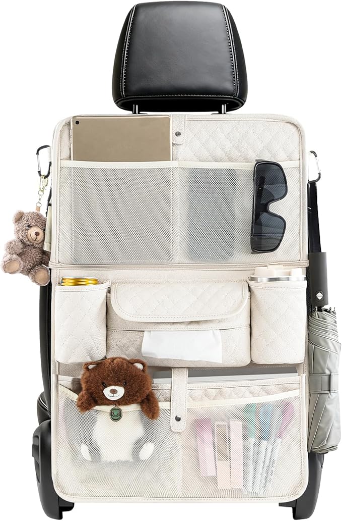 Rosynee Car Backseat Organizers 2 Pack with Foldable Trays - PU Leather Back Seat Organizers with 11 Storage Pockets, Tablet Holders, Seat Back Protectors for Kids Family Travel Accessories (Beige)