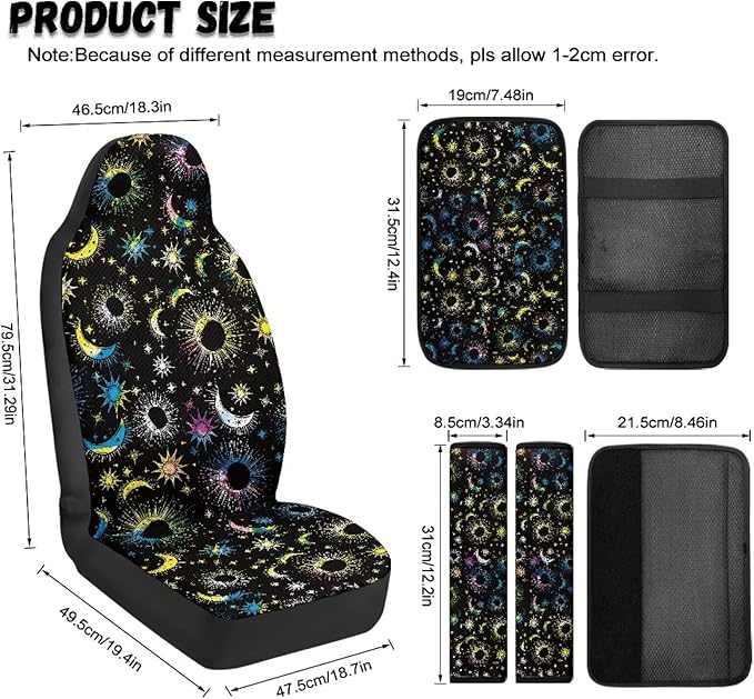 Qeluxign Auto Seat Covers with Car Center Console Cover, Colorful Moon Star Belt Cover PU Leather Breathable Full Set Bucket Seat Covers, Pack of 5, Universal Fit for Sedan,SUV