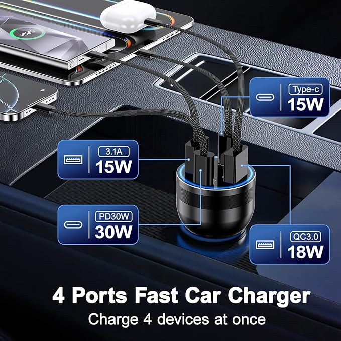 Car Charger USB C, 4-Port 65W USB C Car Charger Adapter Fast Charging Multi Port Cigarette Lighter Adapter with 2Pack USBC Cable, Type C Car Phone Charger for iPhone 17/16/15/14 Pro Max,iPad,Samsung