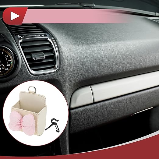 1 Pcs Car Trash Can Hanging Trash Bin 3.5" Length 2.0" Width 4.3" Height Pink Beige Faux Leather