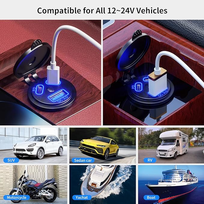 Kewig 2 Pack 12V USB Outlet Wired Charger Multi Port, Dual PD3.0 & QC 3.0 Multiple Port for Car, USB Socket with Power Switch, Fast Charger for Tablet, Suitable for Car Boat RV Marine ATV