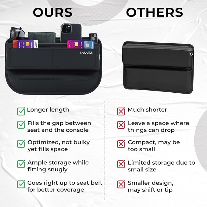 Car Seat Gap Filler Organizer (Black) -Soft PU Leather Car Seat Gap Filler Organizer - Gap Filler For Car w/Pockets & Large Compartment - Slip-Resistant Between Seat and Center Console