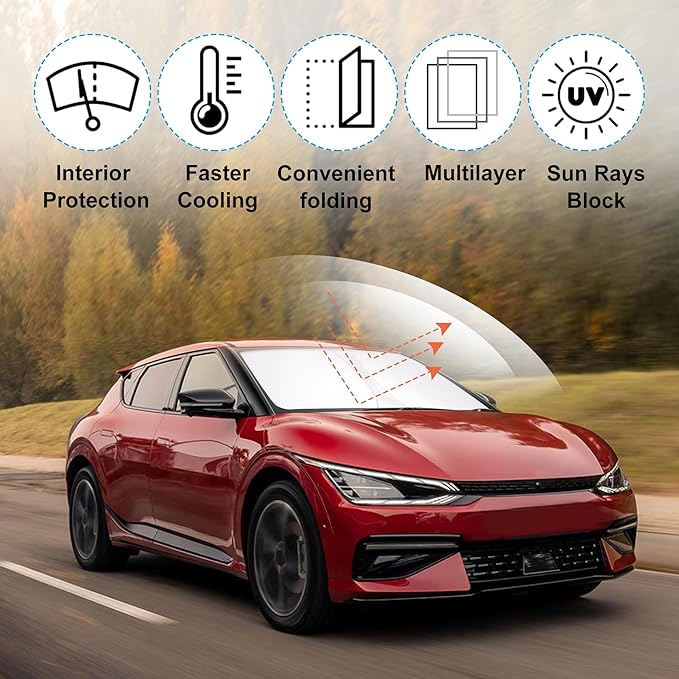 Windshield Sun Shade Custom Fit for 2022 2023 2024 2025 Kia EV6 Accessories Foldable Sunshade Sun Blocker Protect Car from Sun Rays & Heat Damage Keep Car Cooler