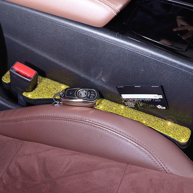 Briwill Bling Car Seat Gap Filler Yellow, 2 Pack Handmade Crystal Rhinestone Diamond Bling Gap Filler for Car SUV Truck Yellow Bling Car Accessories for Women(Yellow)