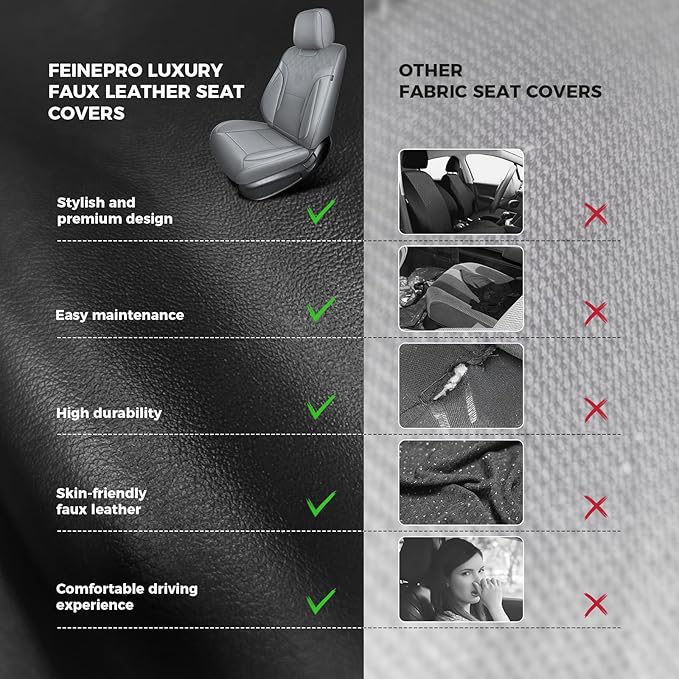 FEINEPRO Grey Car Seat Covers Full Set - Breathable Faux Leather Universal 5 Seat Covers for Cars, Automotive Protector Fit for Most Sedan SUV Pick-up Truck