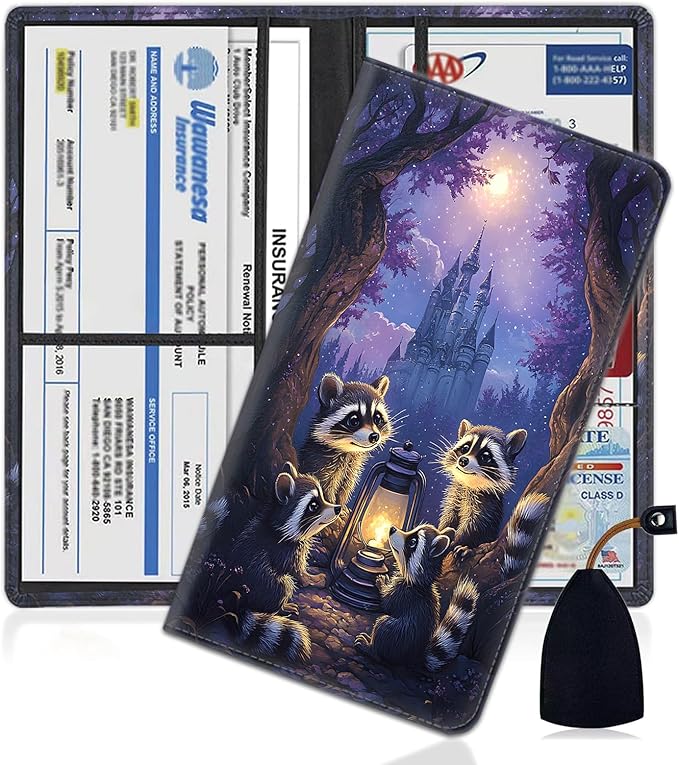 Car Document Holder with Magnetic Shut, Car Registration and Insurance Card Holder, Vehicle Glove Box Organizer Documents, Driver License, Auto Paperwork Organizer Wallet, Raccoons Gathering