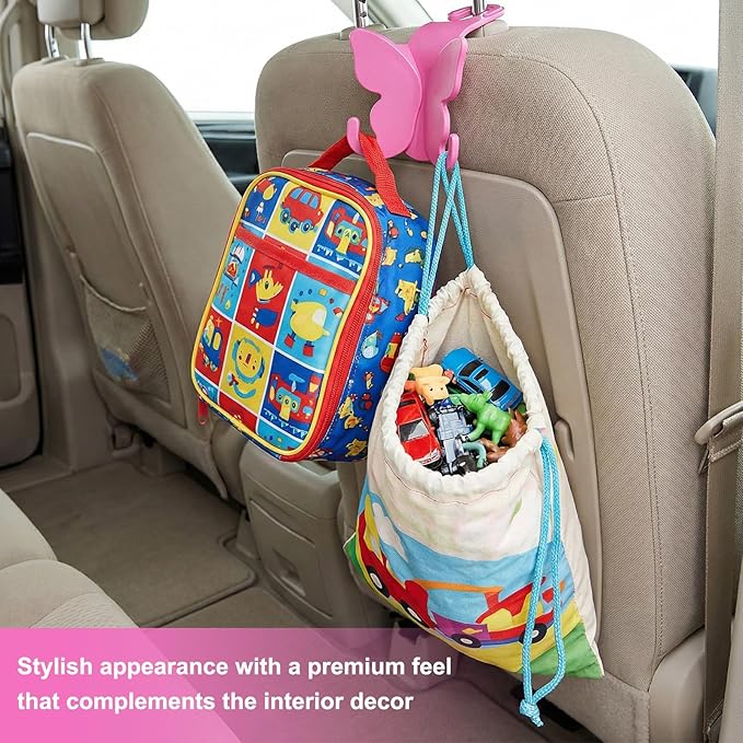 2 PCS Car Seat Headrest Hook, Butterfly Multipurpose Storage Hook Seat Back Purse Holder, Cute Butterfly Headrest Purse Hanger Interior Accessories for Car Truck SUV (Pink)