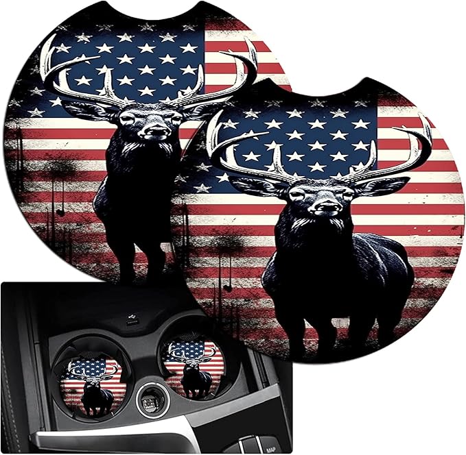 JANENFNA Car Armrest Cover Pads Universal Fashion Cute Auto Center Console Armrest Cover Pad with 2PCS Car Coasters Soft Waterproof Car Armrest Seat Protector for Women,Patriotic Deer Design