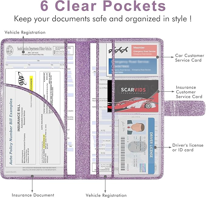 Caweet Car Registration and Insurance Holder Vehicle Glove Box Organizer Leather Car Document Holder for Driver's License, ID, Key Information Cards with Magnetic Closure, Glitter Purple