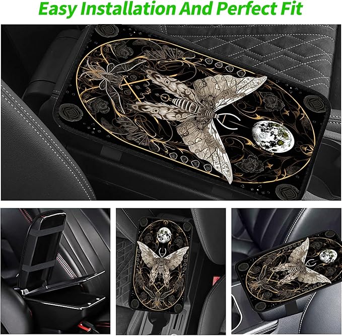JANENFNA Car Armrest Cover Pads Universal Fashion Cute Auto Center Console Armrest Cover Pad with 2PCS Car Coasters Soft Waterproof Car Armrest Seat Protector for Women,Moth Crescent Moon