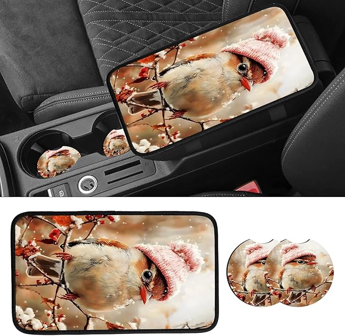 JANENFNA Car Armrest Cover Pads Universal Fashion Cute Auto Center Console Armrest Cover Pad with 2PCS Car Coasters Soft Waterproof Car Armrest Seat Protector for Women,Bird in Pink Hat