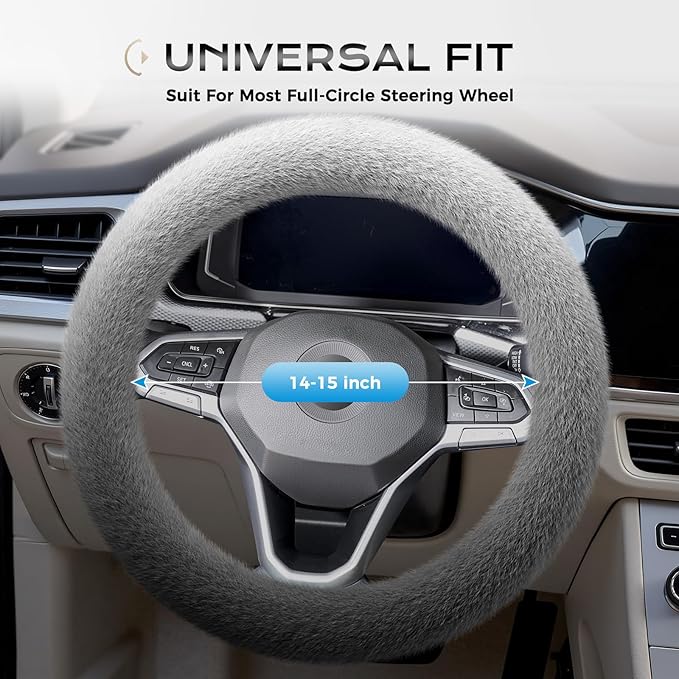 Coverado Steering Wheel Cover, Anti-Slip Fluffy Car Steering Wheel Cover for Winter Warm, Universal 14-15 inch, Soft Plush, No Odor, Luxurious Decoration for Women Men, Gradient Gray