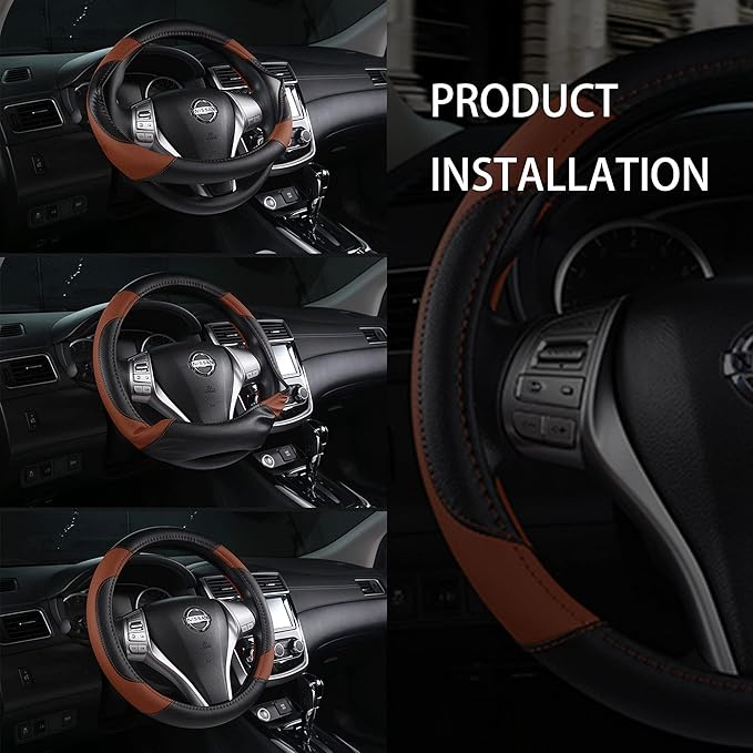 Leather Car Steering Wheel Cover, Non-Slip Car Wheel Cover Protector Breathable Microfiber Leather Universal Fit for Most Cars(Brown)
