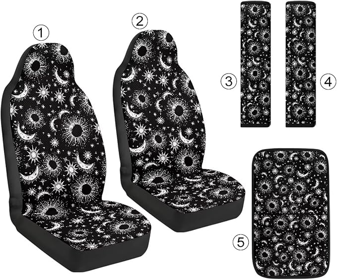 Qeluxign PU Leather Car Seat Covers Set - Sun Moon Star-Includes 2 Seat Protectors, 2 Shoulder Pad Covers, 1 Armrest Cover for Car Decoration