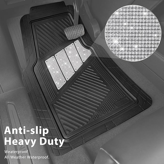 CAR PASS Heavy Duty Rubber Floor Mats 4-Piece Bling Car Mats Full Set - Universal Waterproof Floor Mats for SUV Truck, Durable All Weather Car Mats, Automotive Mats for Women Glitter Silver