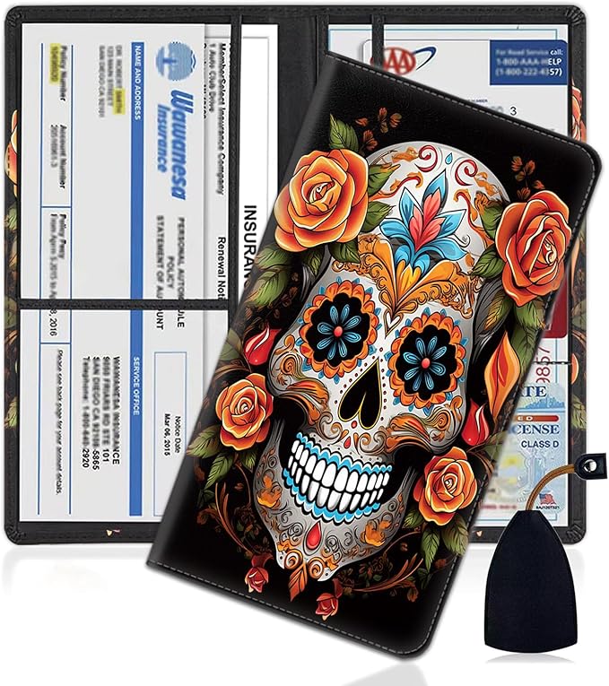 Car Registration and Insurance Holder, PU Leather Auto Document Holder for Men&Women, Vehicle Glove Box Compartment Organizer with Magnetic Shut for Driver's License, Sugar Skull with Flowers