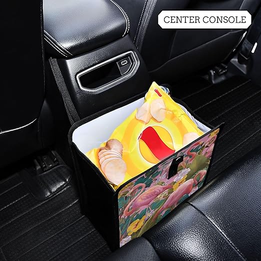 Car Trash Can Organizer Bin with Adjustable Strap for Back Front Seat Console Waterproof Leakproof Collapsible Portable 8.66 Inch Pink Romantic Tropical Flamingo and Plants