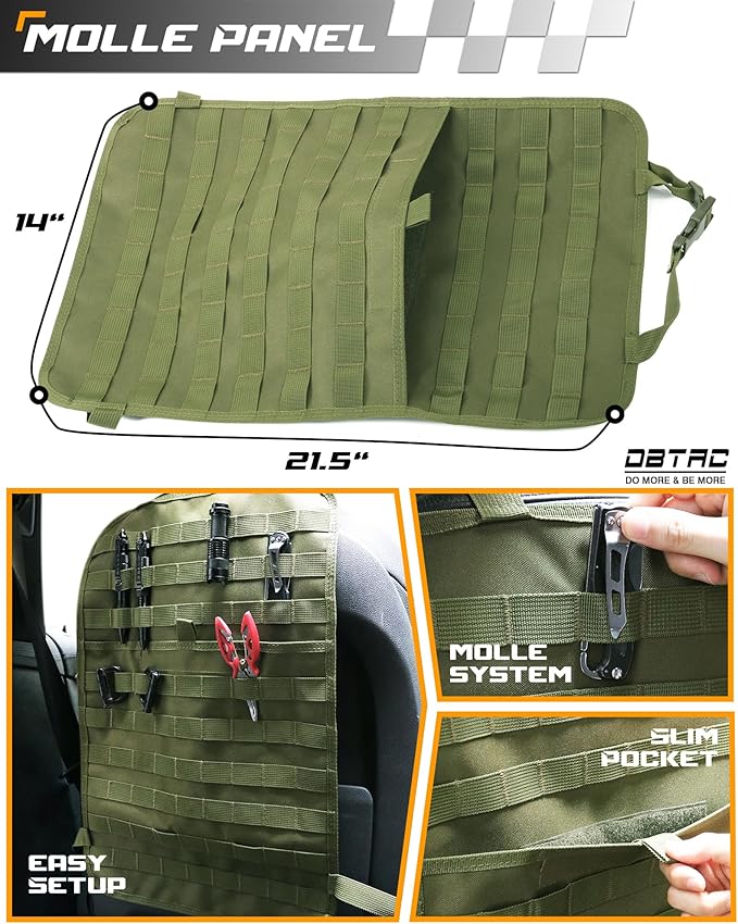 DBTAC Tactical Molle Car Seat Organizer | Vehicle Back Panel with 5X Detachable Pouches, US Flag & Writable Reflective Patch for Cars, Trucks, SUVs, Sedans
