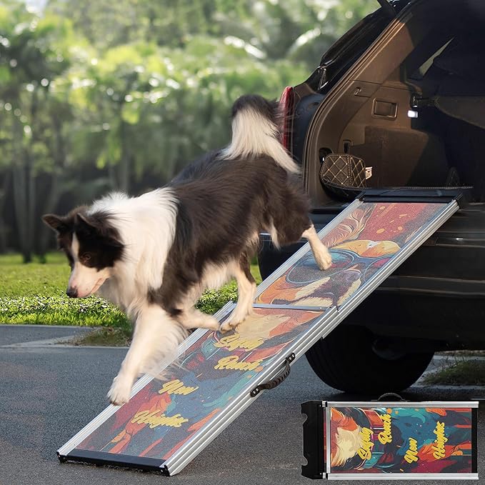 COZIWOW Telescoping Dog Car Ramp for Large Dogs - Heavy-Duty Aluminum Pet Ramp with High-Traction Surface, Anti-Slip Steps for Cars/Trucks/SUVs,Adjustable Sizing,330LB Load Capacity(Easy to Carry)