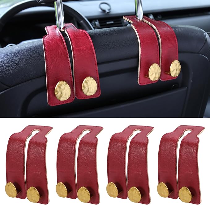 URIZZD 4 PCS Leather Car Seat Hooks for Headrest, Vehicle Hanger Storage Organizer Universal for Handbag Purse, Car Accessories Gift (Red-Gold-4 PCS)