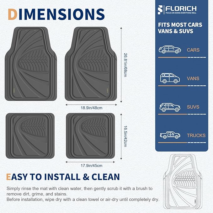 FLORICH Car Floor Mats, Waterproof Universal Heavy-Duty 4 Pieces Rubber Floor Mats for Cars, Full Set Car Mats with Anti-Slip Backing Fit for Most SUV, Vans,Trucks, Sedan(Grey)