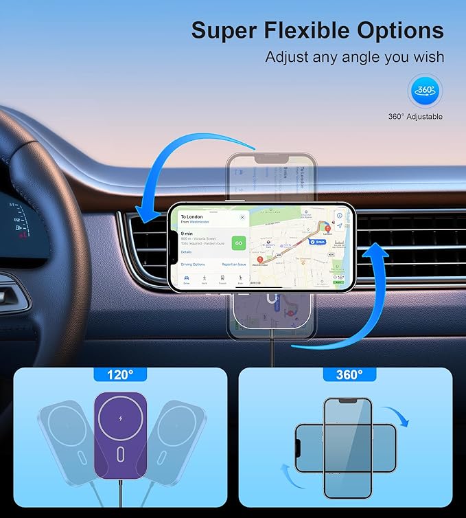 Magnetic Wireless Car Charger, 360°Adjustable Magnetic Air Vent Mount Compatible with MagSafe Car Charger, Compatible with iPhone 17/16/15/14/13/12 Pro Max Plus Mini, Mag Safe Case(Dark Purple)