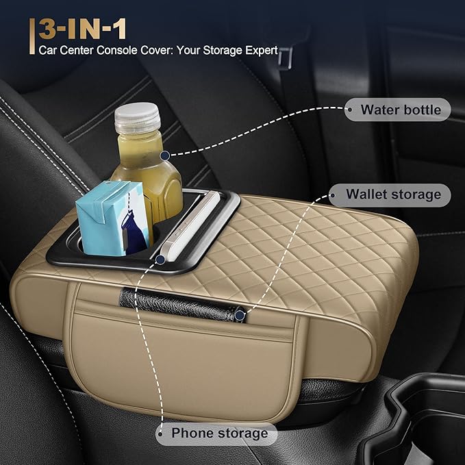 YORKNEIC Upgraded Car Center Console Cover with Cup Holder 2 Storage Bags - Faux Leather Arm Rest Cover Fit for Ford Ranger,Middle Console Cover Multi-Functional Car armrest Cushion(Beige)